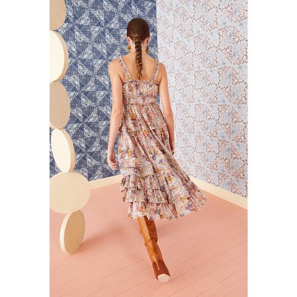 Ulla Johnson Emmaline Midi Dress Sunburst Floral Ivory Tiered Pleated Ruffles 4 - Picture 6 of 16